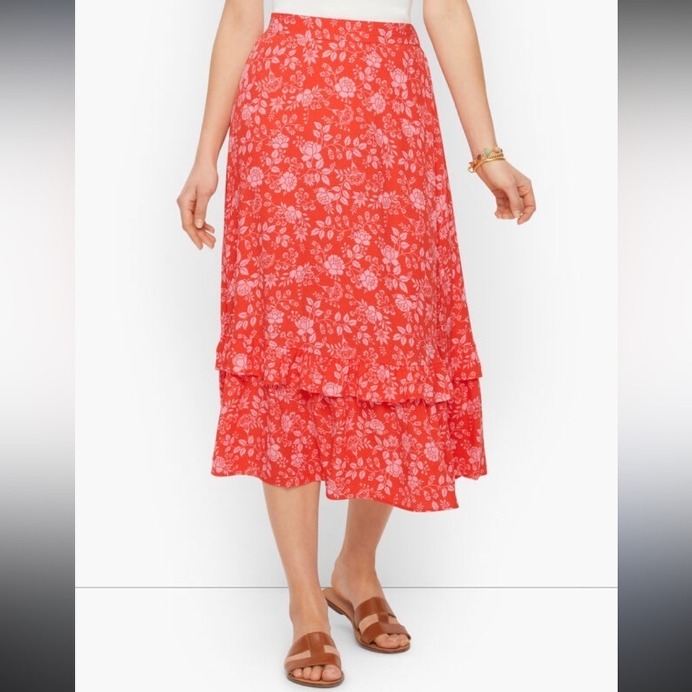 Talbots bicolor blossoms tiered midi Skirt pink red floral 35482
